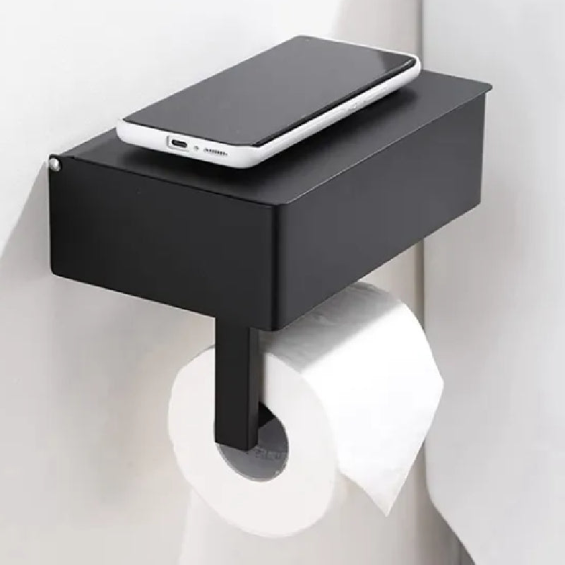 Black Elegance Guard: De Luxe Mat Zwarte WC Rol Houder met Slim Opbergvak