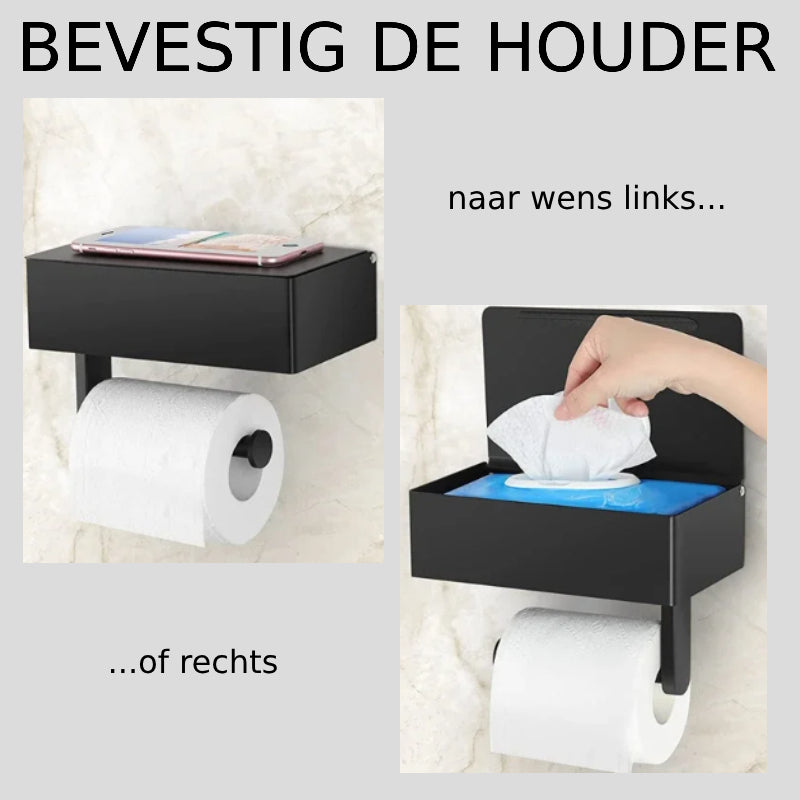 Black Elegance Guard: De Luxe Mat Zwarte WC Rol Houder met Slim Opbergvak